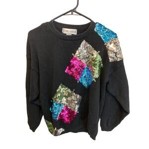 Vintage 80's Victoria Harbour Bright Sequined Long Sleeve Black  Sweater Large